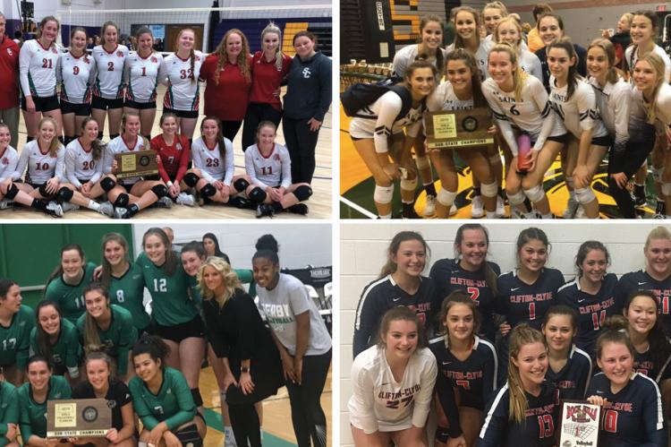 Clockwise from top left: Smith Center (Photo: Lady Red Volleyball); St. Thomas Aquinas (Photo: Saints Volleyball); Clifton-Clyde (Photo: Lady Eagles); Derby (Photo: Brett Flory)