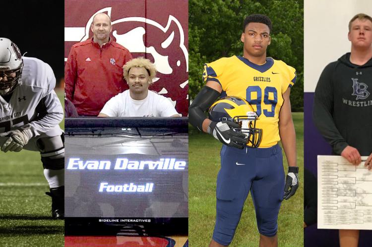 From left-to-right: Garden City junior Refujio "Fuji" Chairez, Dodge City senior Evan Darville, Wichita Northwest senior Marcus Hicks and Lakin junior Hadley Panzer are among the state's best football linemen and 285 pound wrestlers. (Photo credit: Adam Shrimplin, Courtesy Photo, Joey Bahr, Courtesy Photo)