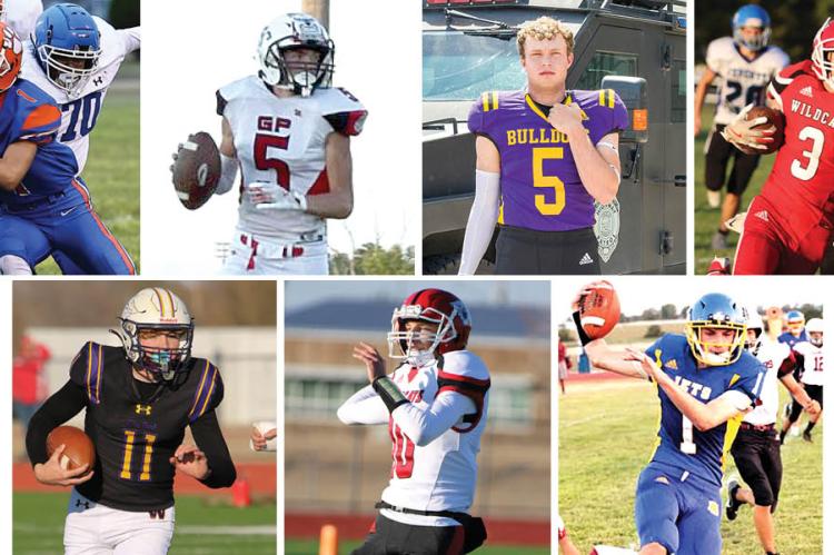 Pictured, clockwise from top left: Jake Hoopingarner, Josh Rath, Langston Nothern, Luke Albers, William Stackhouse, Will Wegerer, and Trey Allen. (Hoopingarner photo courtesy Great Bend Tribune, Rath photo submitted, Nothern photo by Heather Kindall Photography, Albers and Wegerer photos courtesy Cunningham Yearbook class, Allen photo courtesy Weskan schools, Stackhouse photo courtesy Altoona-Midway schools)