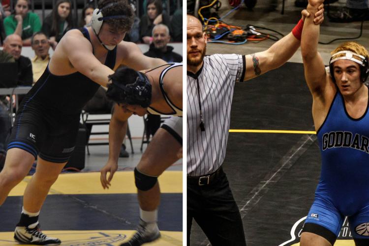 Left: Washburn Rural junior Gavin Carter is the second-ranked wrestler in 6A's 182 pound class. (Courtesy Photo) Right: Goddard senior Troy Fisher is the top-ranked wrestler in 5A's 170 pound class. (Photo by Wendy Morrow)