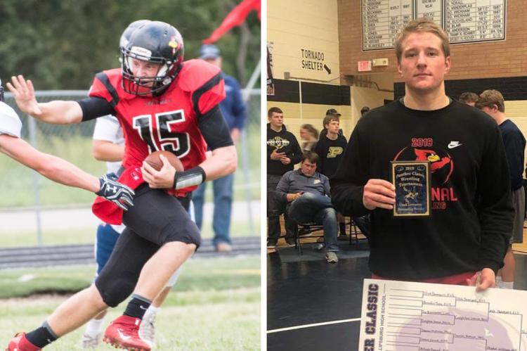 Ell-Saline senior Nick Davenport is one of the top football players and wrestlers in Kansas. (Football photo by Lane Mills Photography, photo from the Panther Classic courtesy Nikki Davenport)