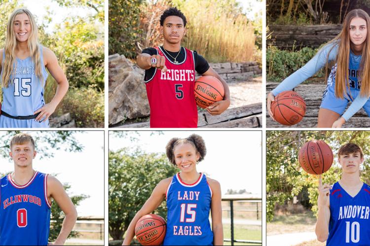 Clockwise from top left: Clearwater's Carli Calrson, Wichita Heights' Marcus Zeigler, Cimarron's McKayla Miller, Andover's Eli Shetlar, Hugoton's Summya Adigun, and Ellinwood's Britton Dutton were among the players selected for the Kansas Basketball Coaches Association's annual All-Star Game played on June 24th at Kansas Wesleyan University in Salina. (Photos: Heather Kindall Photography)