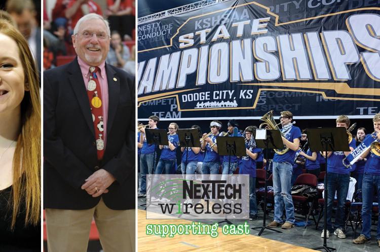 St. John senior Melissa Williamson, McPherson's Carol Swenson and the South Gray Band were recognized as part of the Nex-Tech Wireless "Supporting Cast" for Spring 2019. (Photos by Dick Smith, Cindy Kinnamon and Everett Royer)