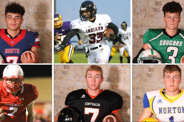 Clockwise from top left: Olathe North's Arland Bruce IV, Wichita County's Jesse Gardner, Central Christian's Caleb Lambert, Norton's Kade Melvin, Centralia's Kamble Haverkamp and Hoisington's Mason Haxton all keyed their team to victories in Friday's quarterfinal playoff games. (Gardner photo by Everett Royer, Haxton photo by Joey Bahr)