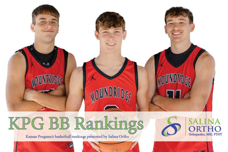 Moundridge basketball is on the hunt for their third straight 2A state title led by Bear Moddlemog (left), Kaizer Kanitz (middle), and Henry Hecox (right). (Photo: Heather Kindall Photography)