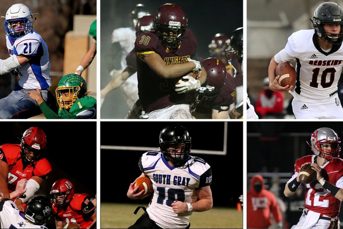 Clockwise from top left: Colin Jueneman (Hanover), Jayvon Pruitt (Victoria), Jayden Garrison (Little River), Gavin Cornelison (Frankfort), Aaron Skidmore (South Gray) and Harlon Obioha (Hoxie) are among the 80 players selected to play in Saturday's 8-Man All-Star games in Beloit. (Gavin Cornelison photo courtesy FHS Yearbook, all others by Everett Royer, KSportsImages.com)  --