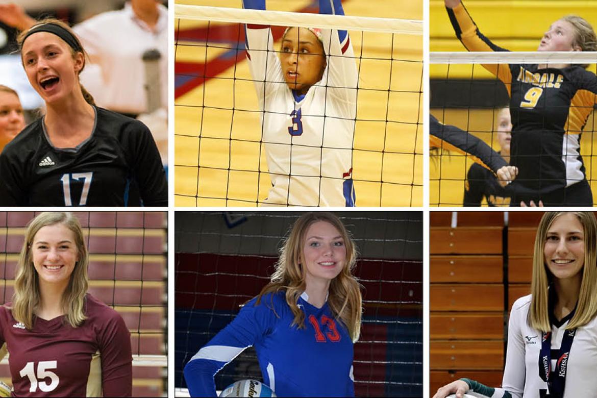 Pictured, clockwise from top left: Washburn Rural's Brooklyn DeLeye, Seaman's Camryn Turner, Andale's Katelyn Fairchild, Central Plains' Kassidy Nixon, Wabaunsee's Lauren Schutter and Silver Lake's Ellington Hogle. (Photo credit, clockwise from top left: Aiden Droge, Topeka Capital-Journal, Lance Reid, Justin Olson, Courtesy Photo, Eagle Eye Photography)