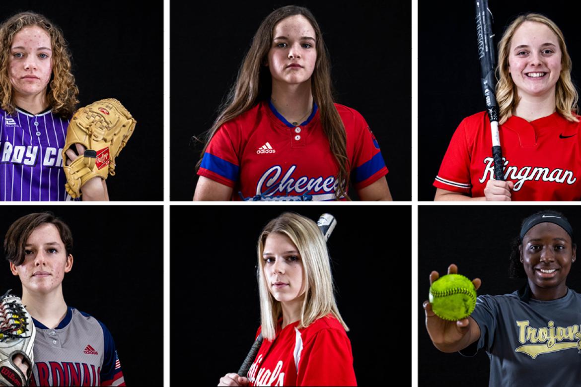 Clockwise from top left: Burlingame's Daelyn Winter, Cheney's Korri Lies, Kingman's Alex Schreiner, Topeka's Nijaree Canady, Hoisington's Kadence Urban, and Eudora's Kira Baker.