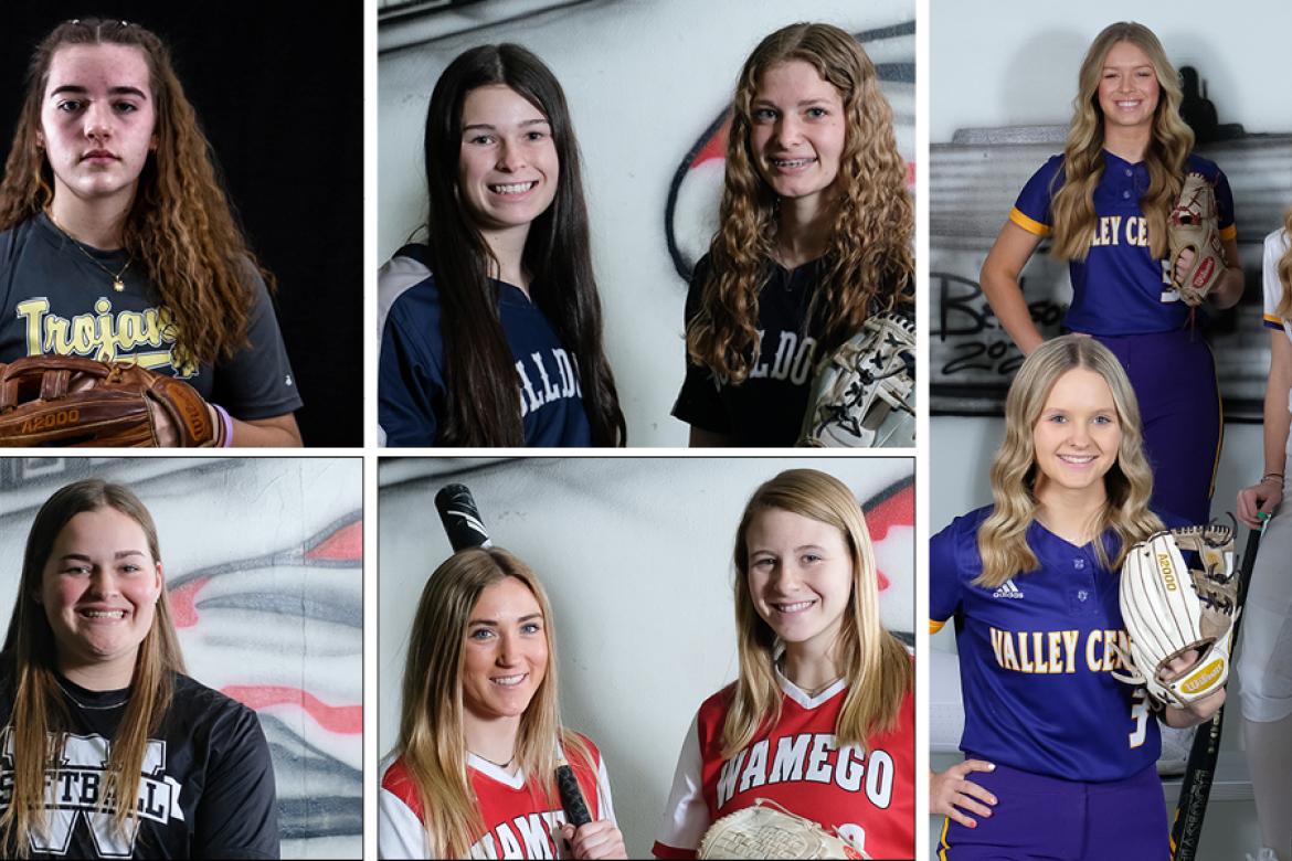 Pictured, clockwise from top left: Topeka's Adisyn Caryl, Galena's Mia Sarwinski and Blayze McNemar, Valley Center's Tori Turner, Lindsey Hooper, and Maci George, Wamego's Maya Gallagher and Ashten Pierson, and Washburn Rural's Emmerson Cope. (Photos by Joey Bahr)