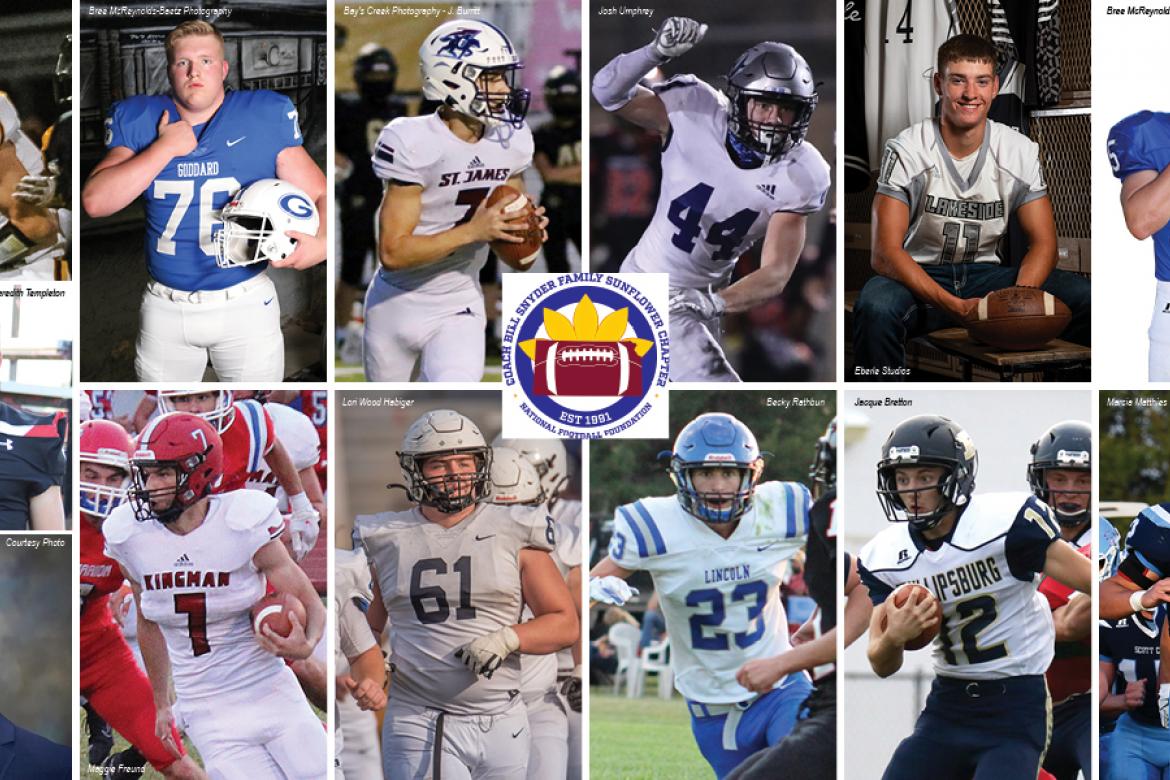 Earlier this year the Bill Snyder Family / Sunflower Chapter of the National Football Foundation awarded scholarships to 13 Kansas high school football players from the Class of 2021. Pictured, clockwise from top left: Dillon Boldt, Rhett Brown, Dakota Burritt, Samuel Butler, Wyatt Eberle, Doug Grider, Sawyer Stevens, Ty Sides, Landon O'Hare, Ethan Kremer, Seth Krehbiel, Gianni Piccini and Camden Kirmer.