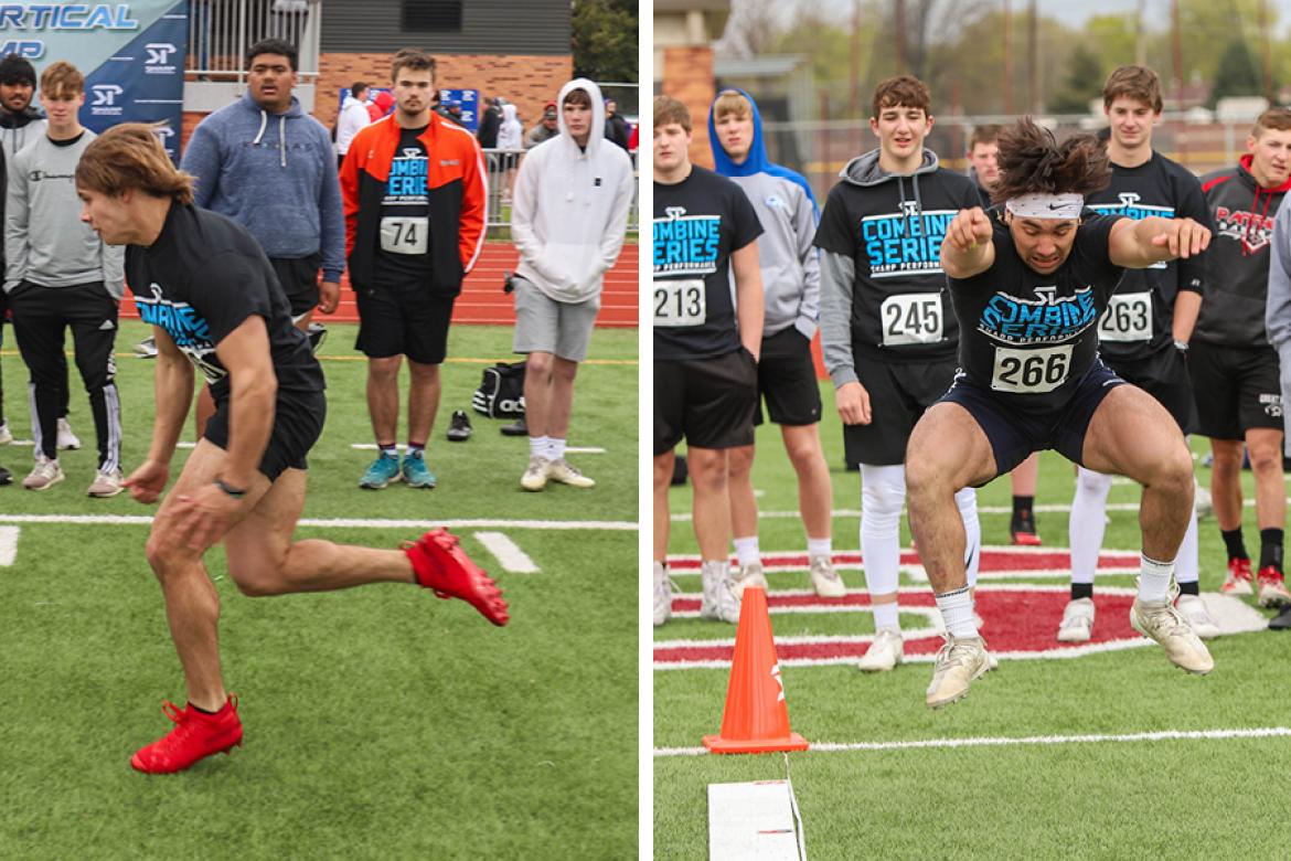 Left: McPherson's Sky Schriner was one of the top performers at the April 17th Sharp Performance Combine and is expected to have a breakout season for the Bullpups this fall. Right: Pratt's Enoch Walton was one of the most powerful players at the April 17th Combine and was the 3A State Powerlifting Champion at 198 pounds. (Photos by Rayne Schmidtberger)