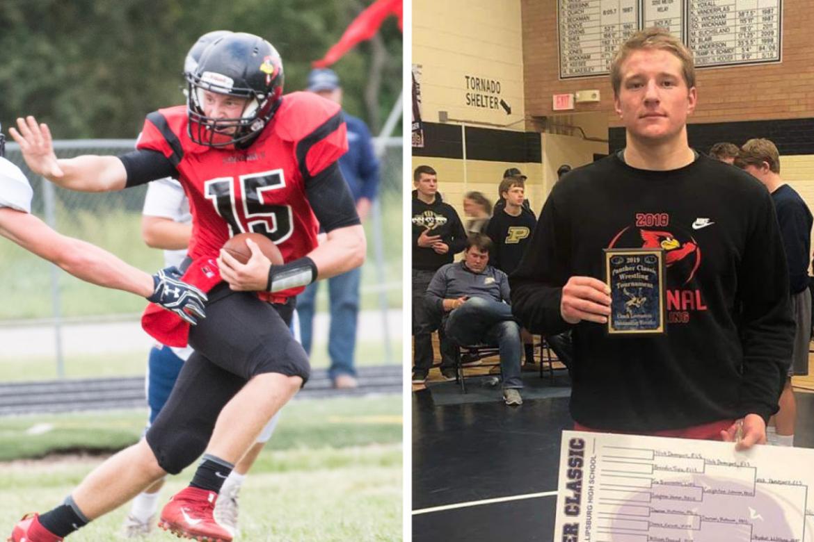 Ell-Saline senior Nick Davenport is one of the top football players and wrestlers in Kansas. (Football photo by Lane Mills Photography, photo from the Panther Classic courtesy Nikki Davenport)