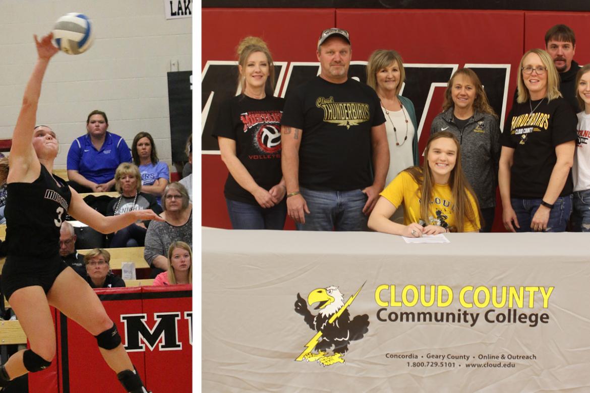 Sylvan-Lucas senior Delaney Herold recently committed to play volleyball at Cloud County Community College. (Action shot courtesy Terri Thrun, signing photo courtesy USD 299)