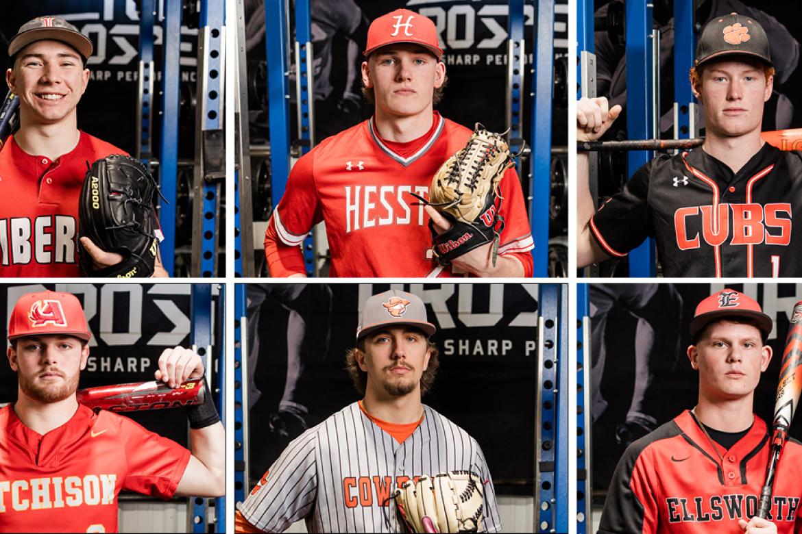 Clockwise from top left: Liberal's J. Brooks Kappelmann, Hesston's Whit Rhodes, Humboldt's Sam Hull, Ellsworth's Lane Rolfs, Abilene's Stocton Timbrook and Atchison's Jeter Purdy were among the Kansas Association of Baseball Coaches 2024 All-State selections. (Photos: Heather Kindall Photography)