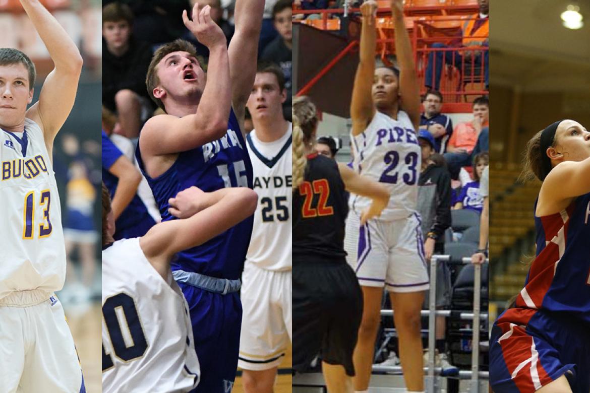Ark City's Cevin Clark, Washburn Rural's Jordan White, KC Piper's Ryan Cobbins and Hanover's Macy Doebele are four of the more than 40 All-Stars participating in this weekend's KBCA All-Star Games in Salina. (File Photos)