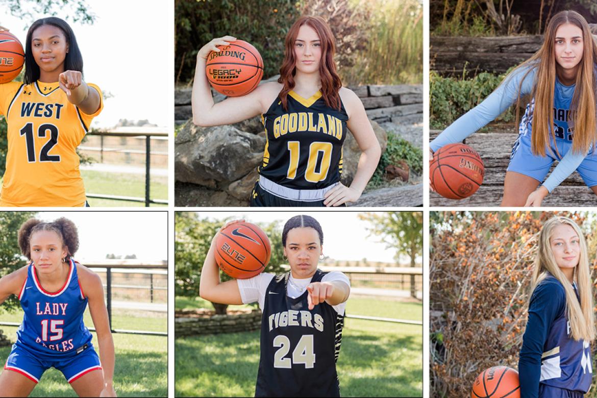 Clockwise from the top left: Shawnee Mission West's S'Mya Nichols, Goodland's Talexa Weeter, Cimarron's McKayla Miller, Phillipsburg's Taryn Sides, Blue Valley's Jadyn Wooten, and Hugoton's Summya Adigun earned All-State honors from the Kansas Basketball Coaches Association. (Photos by Heather Kindall)