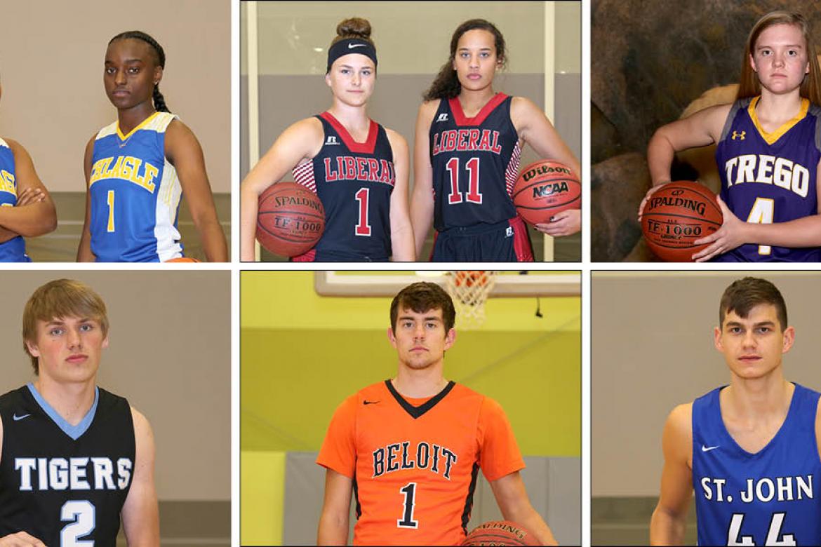 Clockwise from top left: Schlagle's Ishante Suttington and Camille Evans, Liberal's Katie Horyna and Machia Mullens, Trego's Lili Shubert, St. John's Tanner Halling, Beloit's Vincent Palen and Eisenhower's Jordan Vincent. (Photos by Everett Royer, KSportsImages.com)