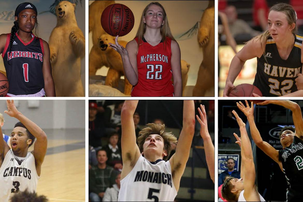 Pictured, top row, left-to-right: Wichita Heights junior Laniah Randle, McPherson junior Grace Pyle and Haven senior Faith Paramore. (Randle and Pyle photos by Everett Royer; Paramore photo by Kristy Ehart); Bottom row, left-to-right: Campus junior Sterling Chapman, TMP senior Carson Jacobs and South Central senior Xavier Frazier. (Chapman photo courtesy Bishop Chapman; Jacobs and Frazier photos be Everett Royer)