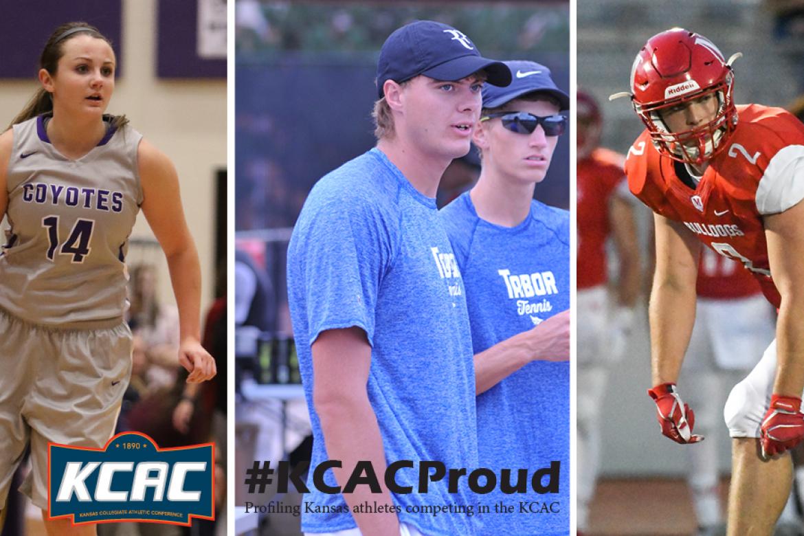From left-to-right: Jenna Farris, Stephen Wilson and Brandt Wolters talk about their time as athletes at KCAC member institutions. (Photos courtesy KWU, Tabor and McPherson Athletics)
