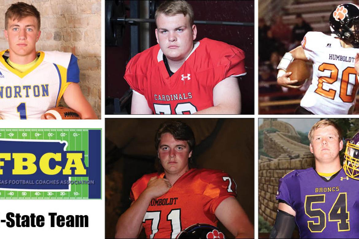 Among the members of this year's KFBCA Class 2A All-State team are, clockwise from top left: Norton's Kade Melvin, Hoisington's Riley Philbern, Humboldt's Conor Haviland, Lakin's Hadley Panzer and Humboldt's Josh Hull. (KPG File Photos)