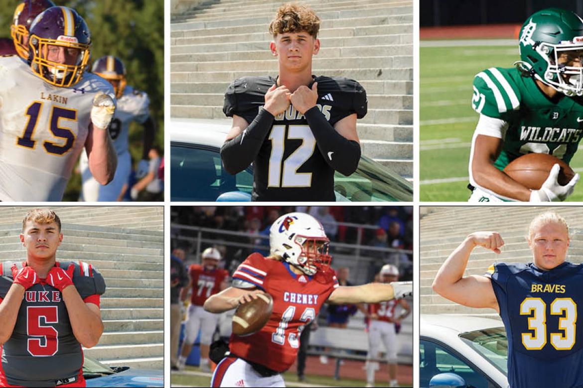 Among those athletes featured in Kansas Pregame in August that also earned some level of KFBCA All-State recognition are (clockwise from top left) Lakin's Colter Oldham, Andover Central's Jace Adler, De Soto's Jayden Lang, Council Grove's Holden Ziegler, Cheney's Josh Burdick and Wellington's Brody Weir. (File Photos)