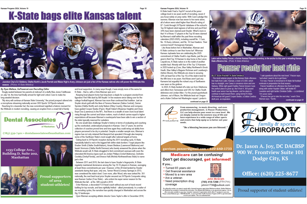 Thanks to advertising sponsorship from Dental Associates of Manhattan, G-Panzer Productions, John McGrath and Joy Chiropractic our annual football preview featured this article by Ryan Wallace of GoPowercat.com (Photos: K-State Athletics)