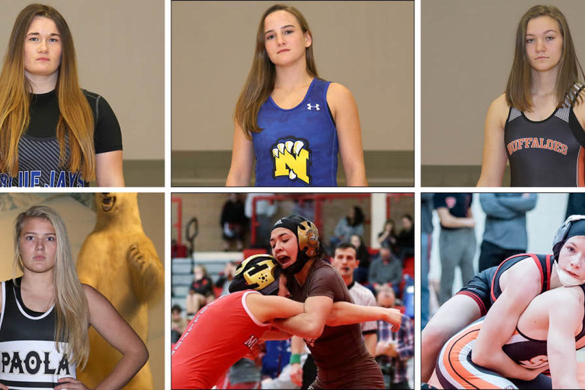 Among the top ranked wrestlers in Thursday's first KSHSAA Girls State Wrestling Championship are, clockwise from top left, Junction City's Elisa Robinson, Nickerson's Nichole Moore, Onaga's Morgan Mayginnes, Marysville's Elise Rose, Garden City's Anjelina Serrano and Paola's Jordyn Knecht. (Photos by Everett Royer, KSportsImages.com)