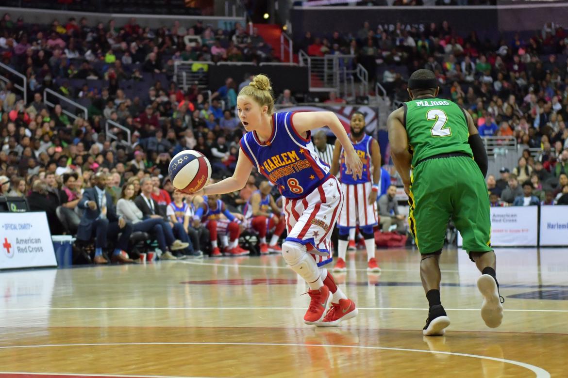 Southeast of Saline grad Hannah "Mighty" Mortimer will highlight the Harlem Globetrotters trip to Salina. (Photo by Brett Meister, courtesy Harlem Globetrotters)