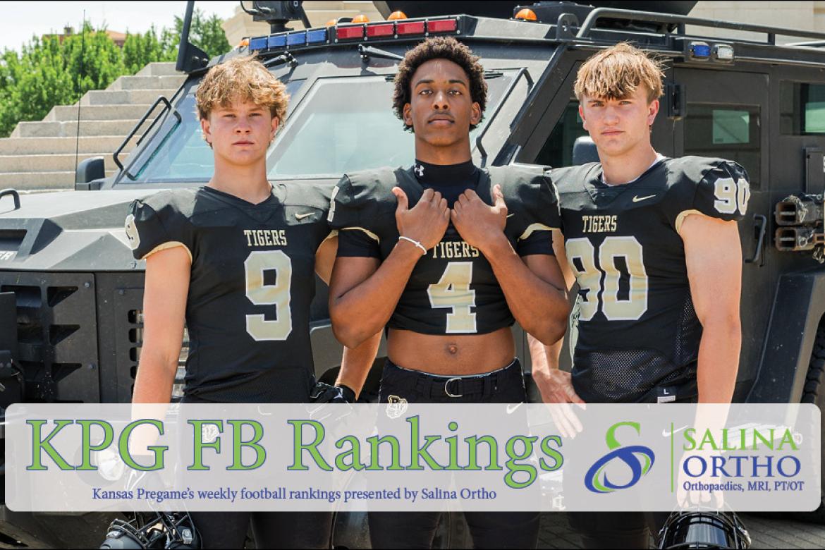 The Blue Valley Tiger defense patrolled by DI prospects, from left, Maguire Richman, Dawson Merritt and Lincoln Stueve has allowed just one touchdown through two games and has the Tigers looking like a squad built to challenge Mill Valley for 5A supremacy. The trio is pictured at the Kansas State Capitol building during the annual Kansas Pregame feature photo shoot sponsored by the Kansas Highway Patrol and DM Law. (Photo: Heather Kindall Photography)
