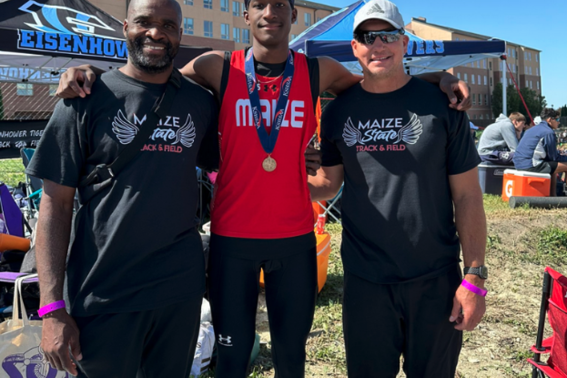 (L-R): Alan's father Jason Hanna, Alan Hanna and Maize High jumps coach Jared Handy. (Photo: Zoey Franklin)