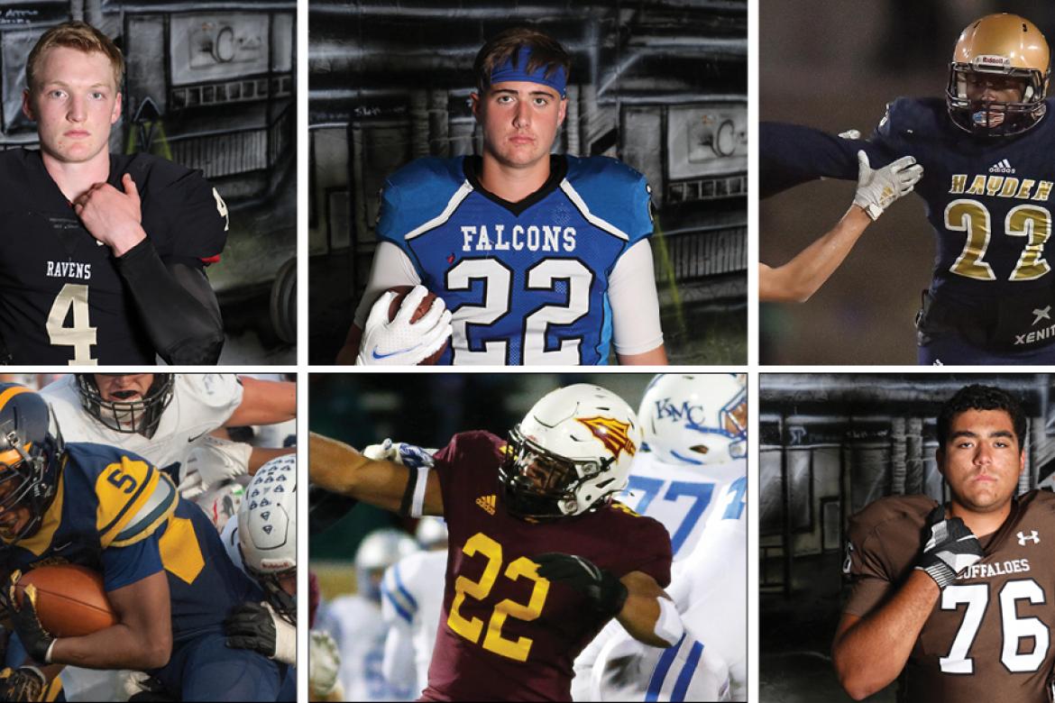 Clockwise from top left: Maur Hill's Andrew Schwinn, West Franklin's Cameron Wise, Topeka Hayden's Desmond Purnell, Garden City's Trey Nuzum, Hays High's Gaven Haselhorst and Wichita Northwest's Julius Bolden are just six of 72 all-star football players from across Kansas participating in this weekend's Kansas Shrine Bowl in Hutchinson.