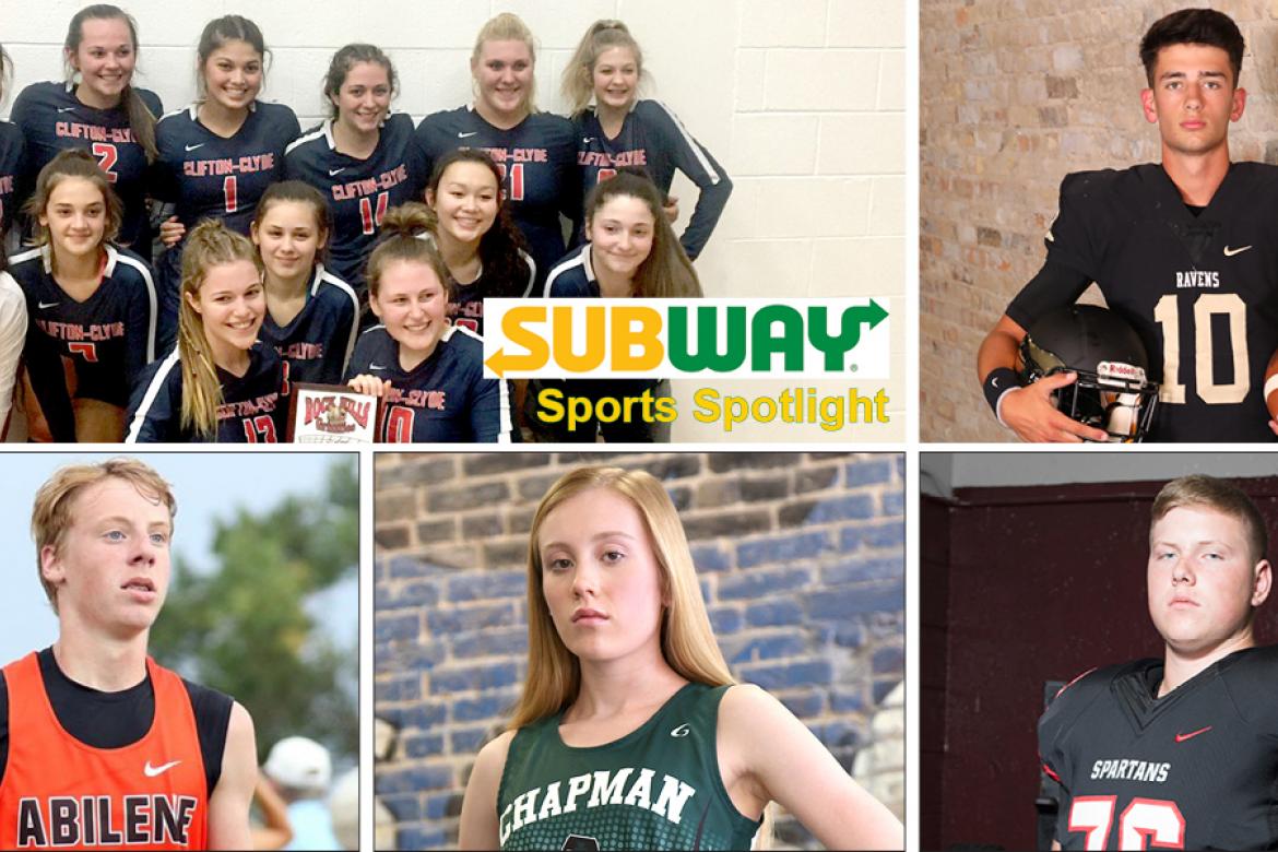 Clockwise from top left: Clifton-Clyde volleyball (Courtesy Photo); Jack Caudle (Photo by Bree McReynolds-Baetz); Hayden Pauls (File Photo); Taylor Briggs (File photo by Everett Royer); Grant Waite (Photo by Huey Counts)