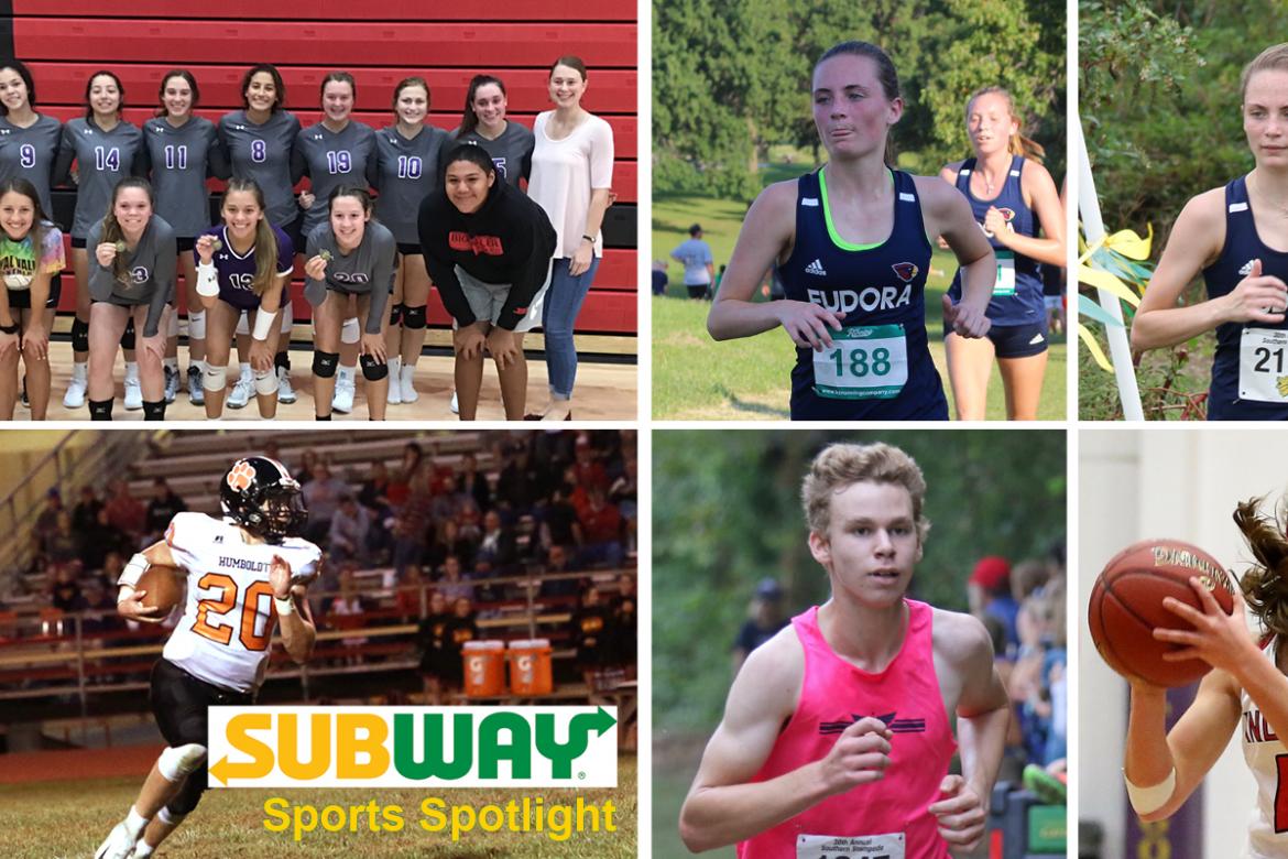 Clockwise from top left: Royal Valley volleyball. (Photo by Joan Pahmahmie); Eudora's Reagan Hiebert. (Photo by Carlee Norris); Eudora's Riley Hiebert. (Photo by Judy Erpelding); Hoxie's Addi Campbell. (File photo by Everett Royer); Manhattan's Daniel Harkin. (Photo by Huey Counts); Humboldt's Conor Haviland. (File photo by Taylor Beeman)