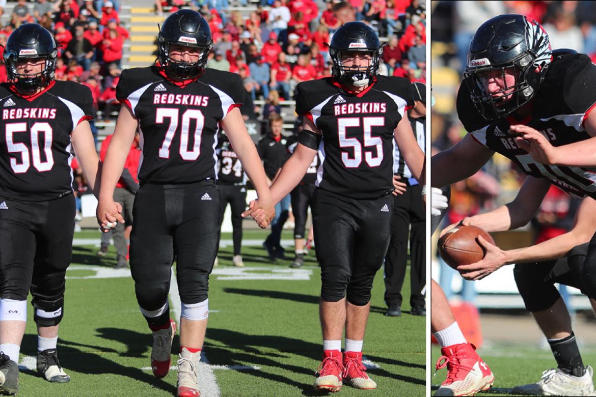 Pictured, left to right: Little River seniors Kaden Schafer, Kyle Bruce and Carter Holloway. Right: Bruce fires off the line in Little River's title game matchup with Meade. (Photos by Everett Royer, KSportsImages.com)