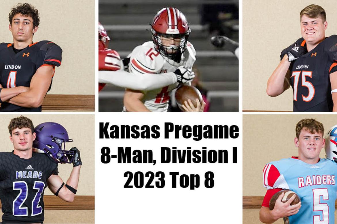 Clockwise from bottom left: Meade's Brock Keith, Lyndon's Tanner Heckel, Hoxie's Jonathan Mader, Lyndon's Kaiden Massey, and Central Burden's Jace Wunderlich are among the 8-Man Division I Top 8 selections for 2023, as voted on by Kansas high school football coaches. (Photos: All photos except Mader are by Heather Kindall; Mader photo by Kinley Rogers, Hoxie High School Journalism)