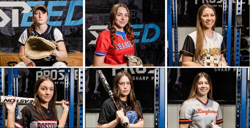 Clockwise from top left: Eisenhower's Karlee Ford, Santa Fe Trail's Kaelee Washington, Valley Falls' Renay Myers, Holcomb's Korryn Johnson, Olathe Northwest's Kendall Yarnell and Rossville's Kinsey Perine were among the players earning All-State recognition from Kansas high school softball coaches. (Photos: Heather Kindall Photography)