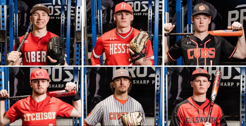 Clockwise from top left: Liberal's J. Brooks Kappelmann, Hesston's Whit Rhodes, Humboldt's Sam Hull, Ellsworth's Lane Rolfs, Abilene's Stocton Timbrook and Atchison's Jeter Purdy were among the Kansas Association of Baseball Coaches 2024 All-State selections. (Photos: Heather Kindall Photography)