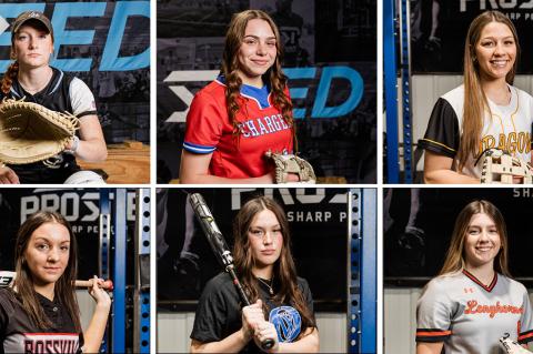 Clockwise from top left: Eisenhower's Karlee Ford, Santa Fe Trail's Kaelee Washington, Valley Falls' Renay Myers, Holcomb's Korryn Johnson, Olathe Northwest's Kendall Yarnell and Rossville's Kinsey Perine were among the players earning All-State recognition from Kansas high school softball coaches. (Photos: Heather Kindall Photography)