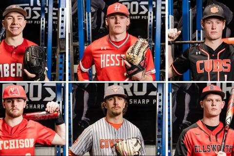 Clockwise from top left: Liberal's J. Brooks Kappelmann, Hesston's Whit Rhodes, Humboldt's Sam Hull, Ellsworth's Lane Rolfs, Abilene's Stocton Timbrook and Atchison's Jeter Purdy were among the Kansas Association of Baseball Coaches 2024 All-State selections. (Photos: Heather Kindall Photography)